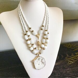 White Gold Bronze Druzy Pendant Necklace, Multi Layers White Stone Crystals Neck